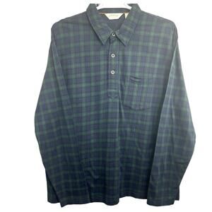 Orvis Mens Tartan Plaid Henley Top Blue Green XL Long Sleeve Outdoor Utility